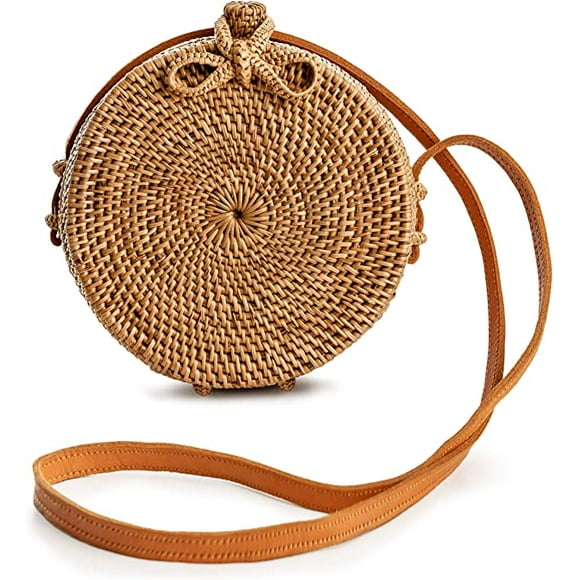 Rattan Straw Bag Handmade Wicker Woven Purse Handbag Circle Boho Crossbody Bag for Women