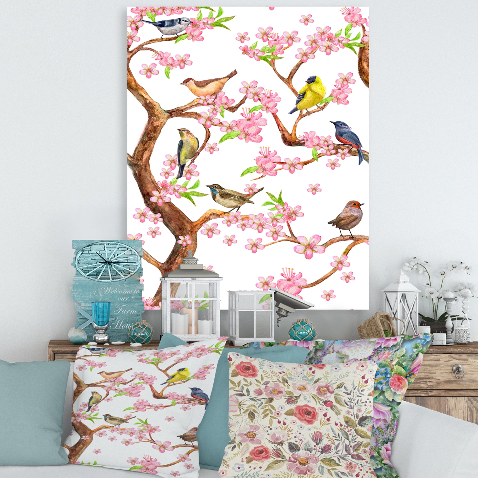 Designart ' Colorful Little Birds On Spring Flowers Tree ' Traditional Canvas Wall Art Print