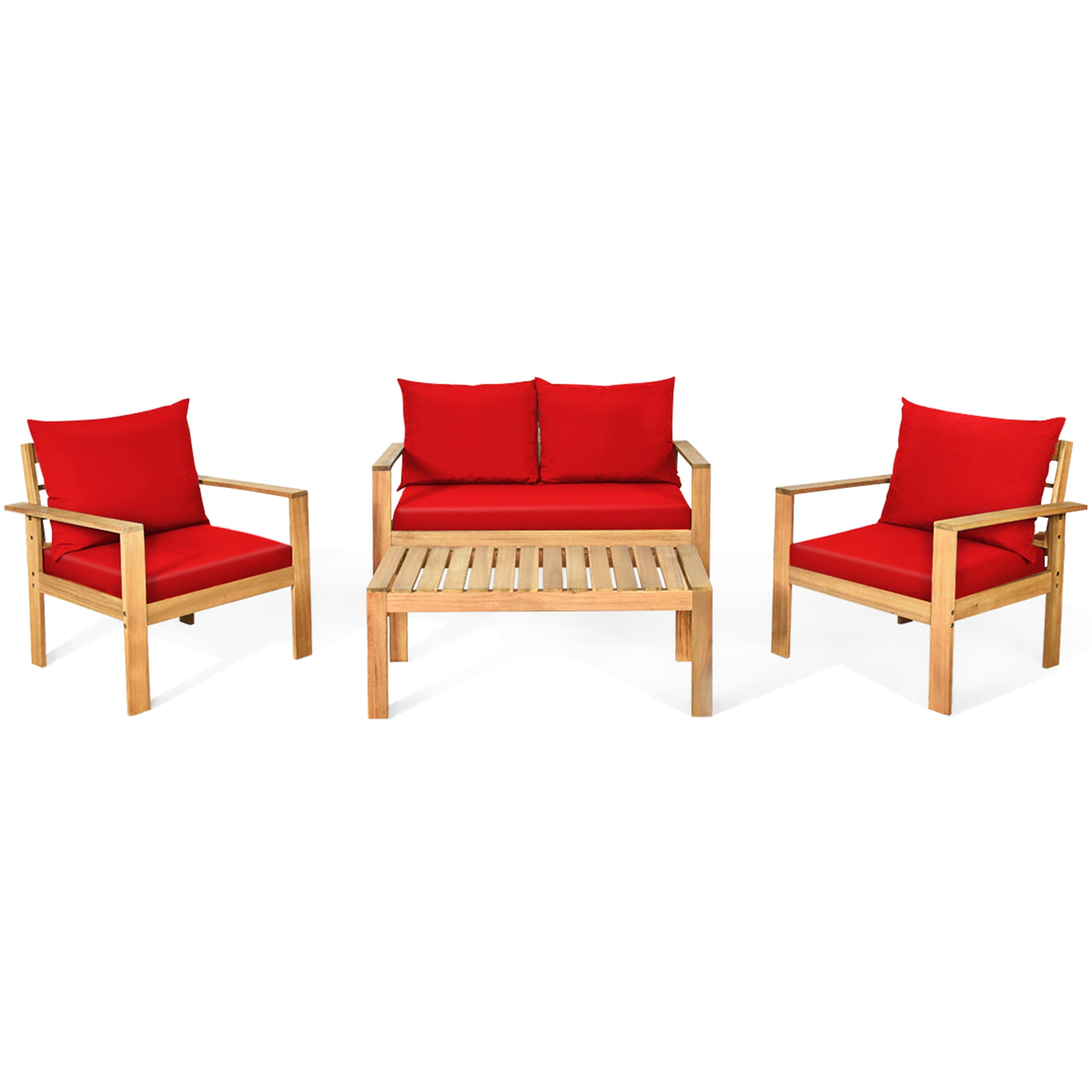 Gymax 8PCS Patio Acacia Wood Conversation Furniture Set w/ Red Cushions