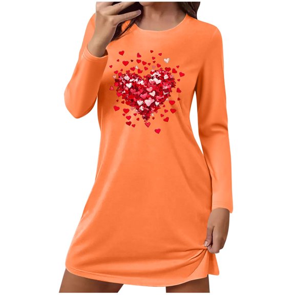 Wensltd Short Long Sleeve Nightdress for Women Crew Neck Loose Fit Festive Soft Comfortable Heart Print Valentine's Day Sleepwear