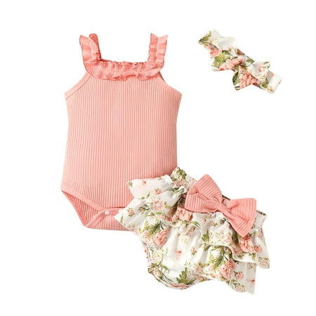 

BSDHBS Baby Bell Bottoms Girls Sleeveless Ribbed Romper Bodysuit Floral Prints Ruffles Shorts Headbands Outfits