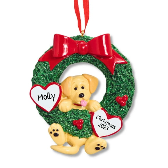 Ornaments by Elves Personalized Yellow Lab Puppy Wreath Christmas Ornament Pet Dog Decor .25 lbs