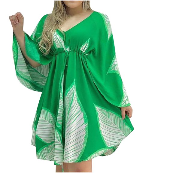 Dianli Sundresses for Women Fashion Batwing Sleeve High Waist Irregular Swing Mini Dresses Formal V-Neck Long Sleeve Leaves Print Short Summer Dress Green s