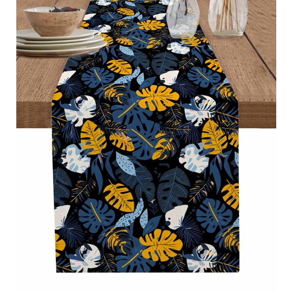 ERUNPONLY Tropical Plants Table Runner - 72 Inch Long Orange Blue Pastoral Black Background Cotton and Linen Blended Dress Scarves Farmhouse Table Runner for Kitchen Dining, Coffee Table, 16"x72"