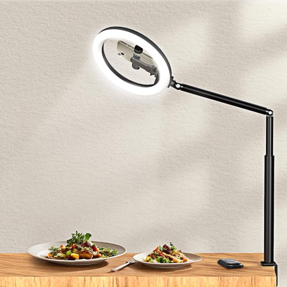 NEOYFC  10.5" Ring Light Overhead Phone Mount - Selfie Ring Light with Stand Phone Holder, 360° Rotate Flexible Arm Clamp Desk Light Tripod for Photography Cooking Filming Video Recording You