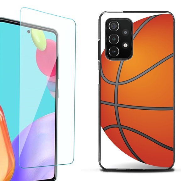 Slim-Fit Flexible TPU Gel Phone Case (black) for Samsung Galaxy A52 5G, with Tempered Glass Screen Protector, by OneToughShield ® - Basketball