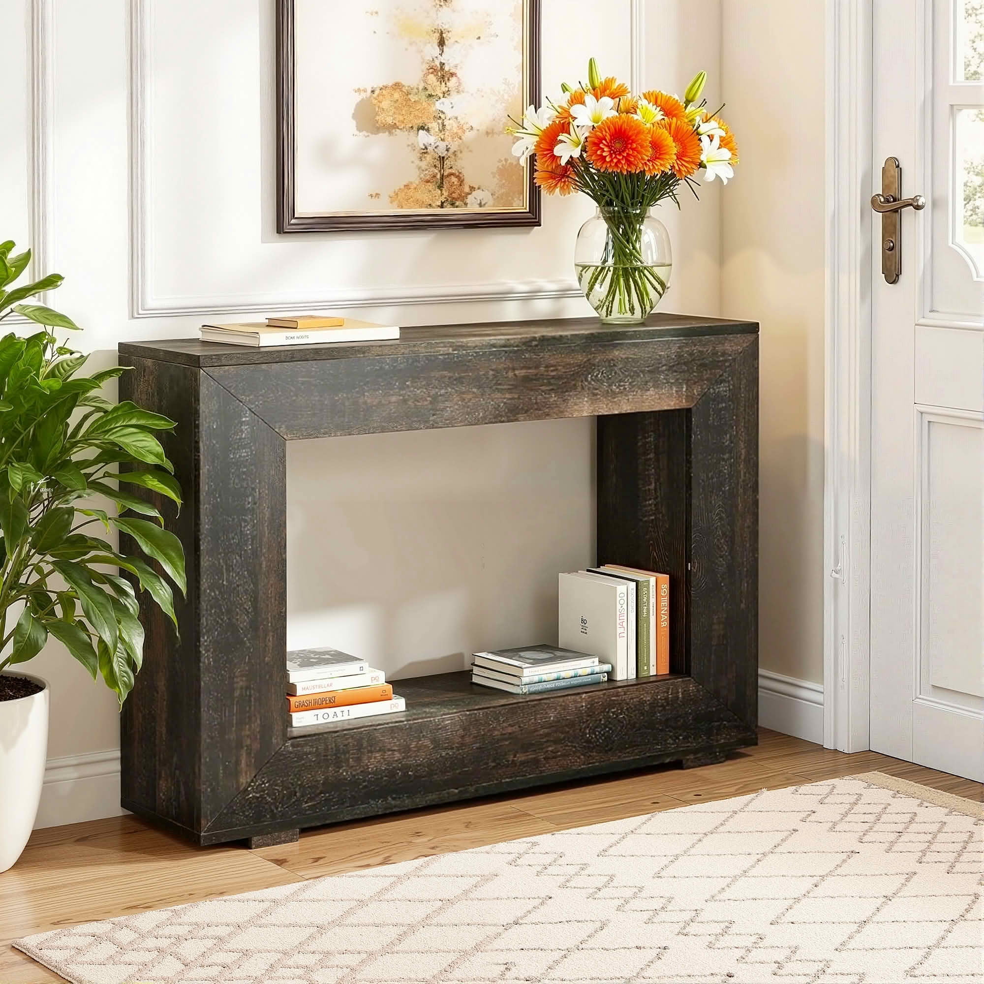 MAYEERTY 47.2" Farmhouse 2-Tier Console Table, E1 MDF Square Leg Entryway Sofa Table with Adjustable Anti-Slip Pads