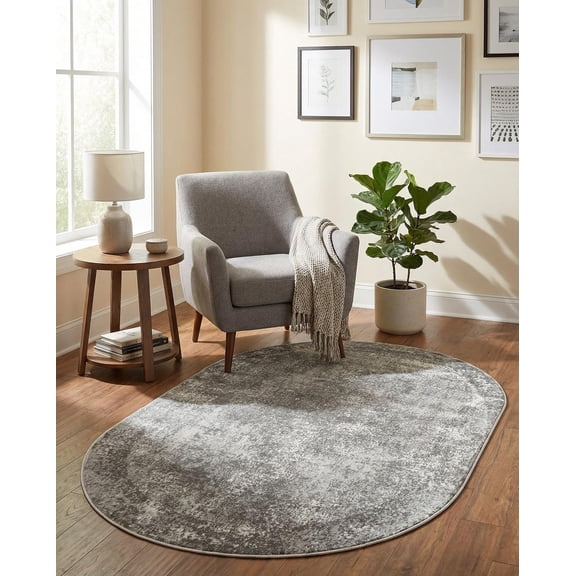 Miemie 4'1"x6'1" Oval Gray Area Rug - Vintage Medallion, Easy-Clean, Stain-Resistant for Living Room, Bedroom, Entryway