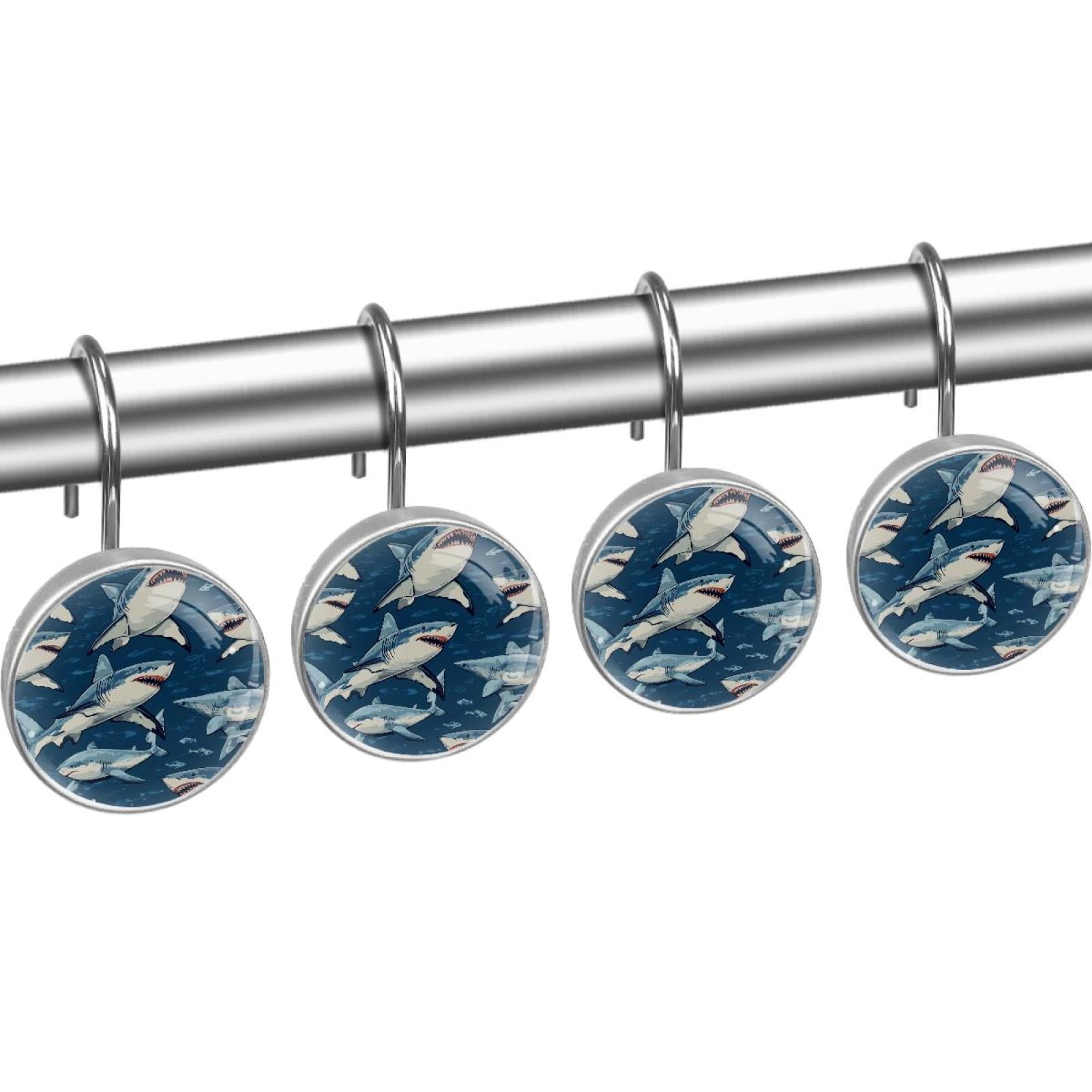 Sharks and Fishes Shower Curtain Hooks Round Crystal Glass, Set of 12 Shower Curtain Rings - Shower Hooks for Curtain Shower Rings