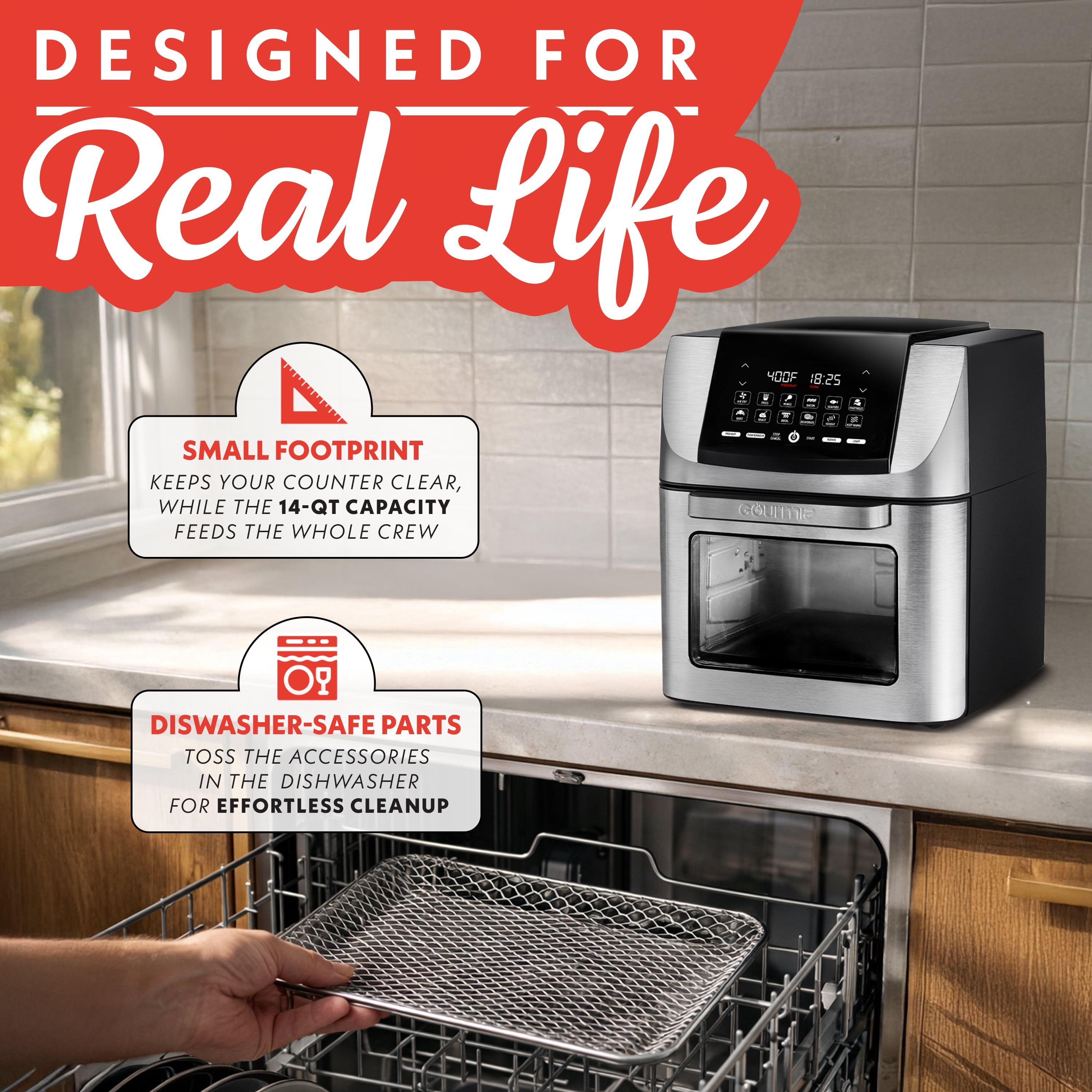 Gourmia 14 Qt Air Fryer Oven, 12 Presets, Rotisserie, FryForce 360°, Stainless Steel
