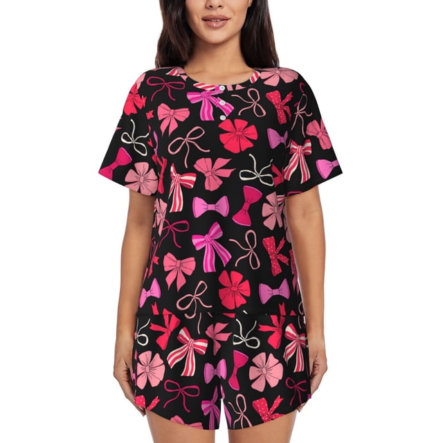 Vsdgher Ensemble de Pyjama pour Femmes 2 Pcs à Manches Courtes avec Motifs de Nœuds Roses et Rouges, Ensemble de Pyjama d'Été Doux Décontracté pour la Maison, 2 Pcs Pj-3X-Grand