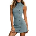thumbnail image 2 of IUYRTFE Women Mock Neck Sleeveless Button Down A Line Mini Dress Solid Color Casual Short Dress, 2 of 5