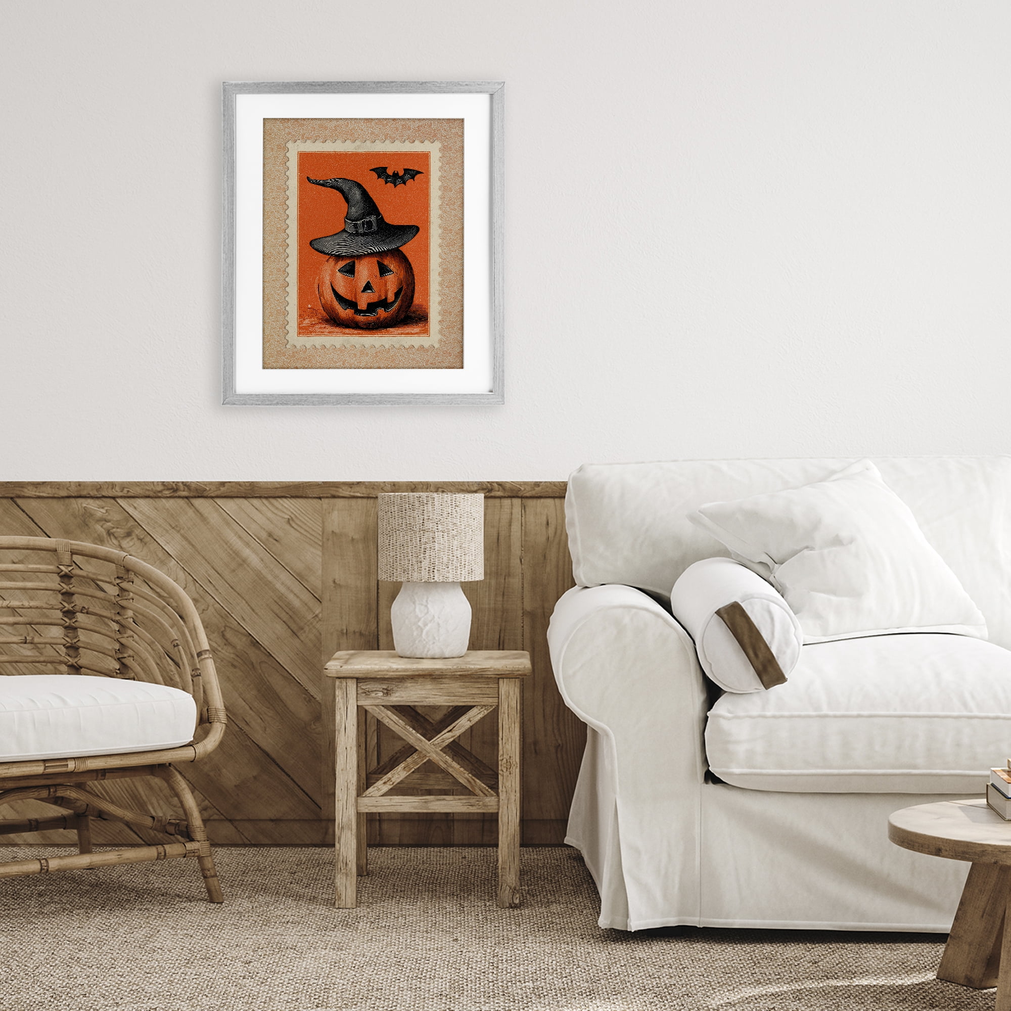 Vintage Jack-o-Lantern Stamp Gray Framed Print Under Glass, design by Arlington Prints
