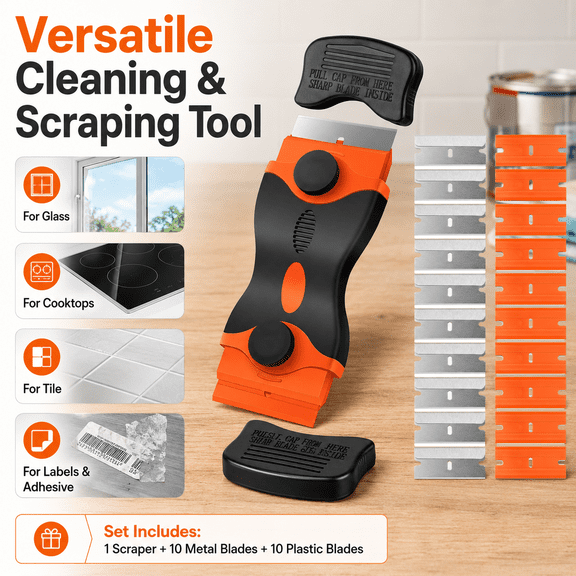 2-in-1 Double-Ended Razor Blade Scraper Tool Set with 10 Metal and 10 Plastic Blades for Glass, Cooktops, Tile and Adhesive Removal