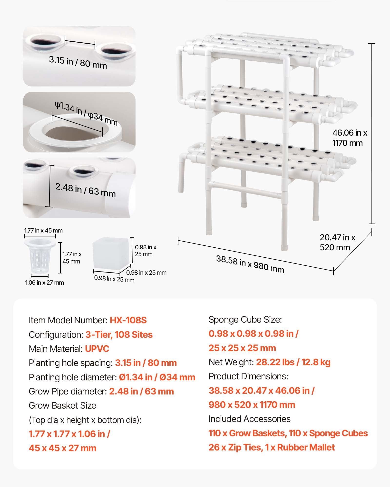 Hydroponics Growing System Kit, 3-Tier 108 Sites UPVC Pipe Hydroponic Grow Kit