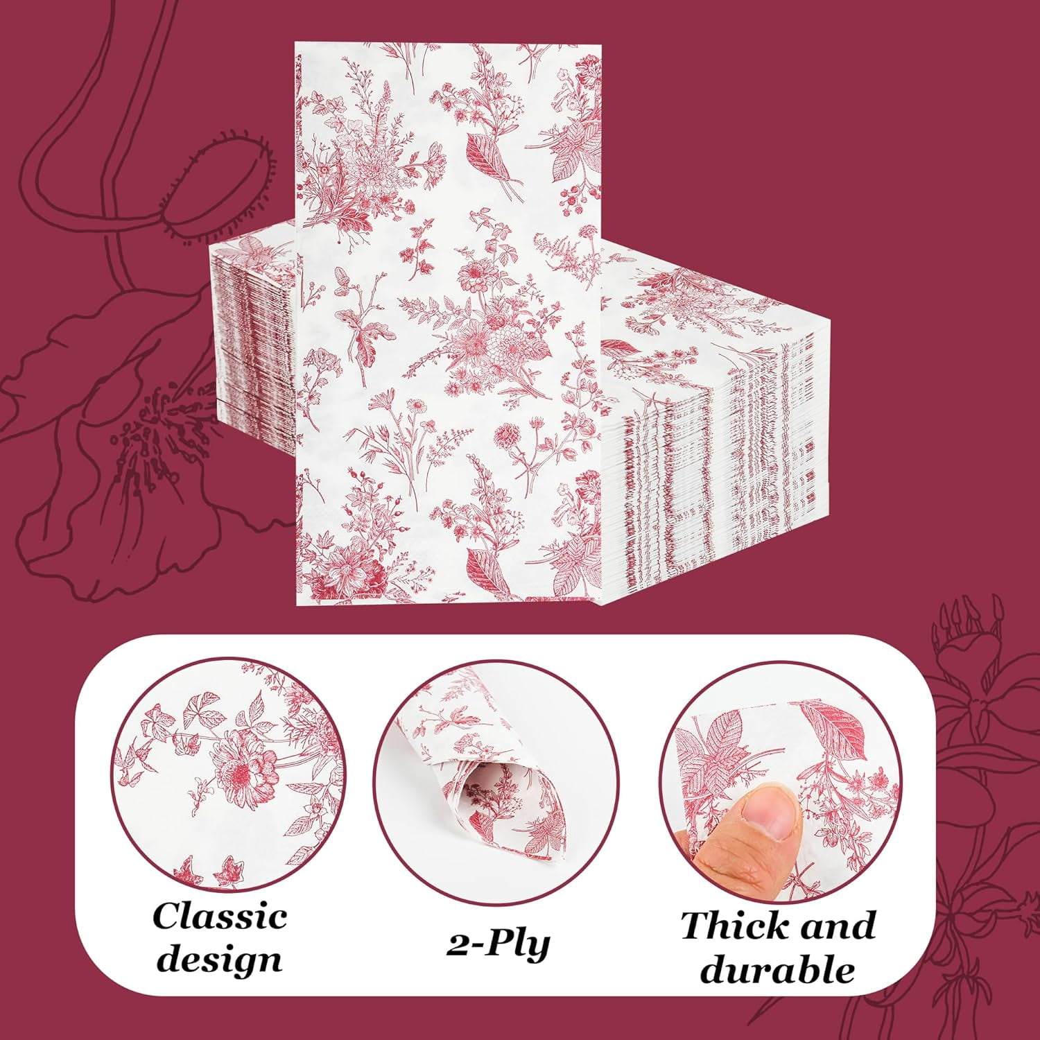 100 Floral Guest Napkins Red White Toile Disposable Paper Napkins Flower Bathroom Hand Towels for Tea Party Christmas Bridal Baby Shower Party Supplies (Red)