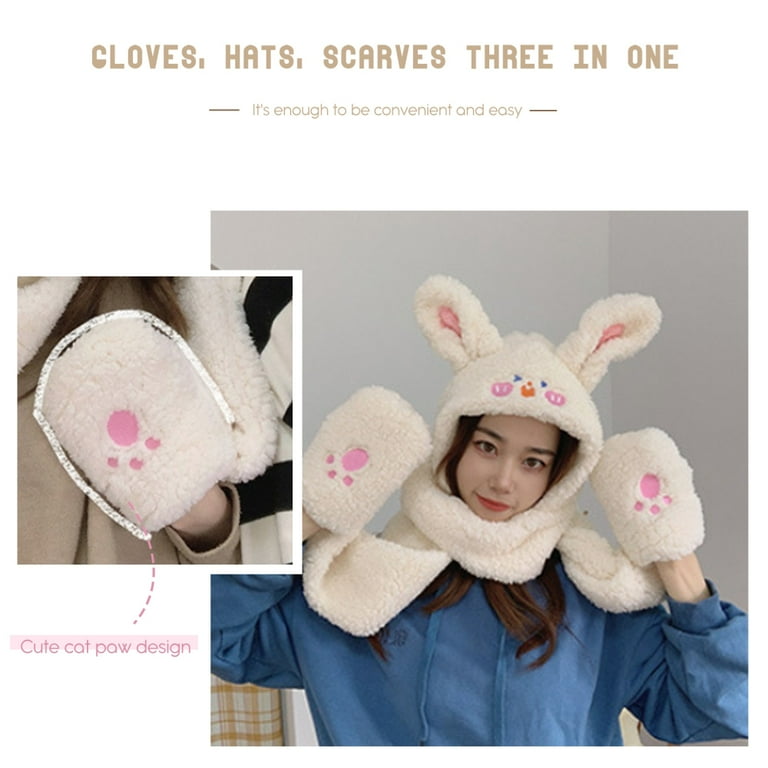 3 in 1 Plush Bunny Beanie Hat with Exquisite Embroidery Coral