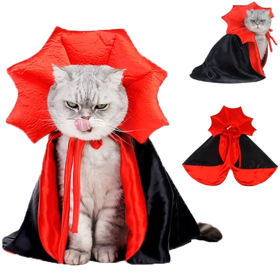 Halloween Pet Vampire Cape , Black & Red Polyester Dracula Cloak with Stand Collar, Cute Cosplay Outfit for Small Cats Kittens Puppies