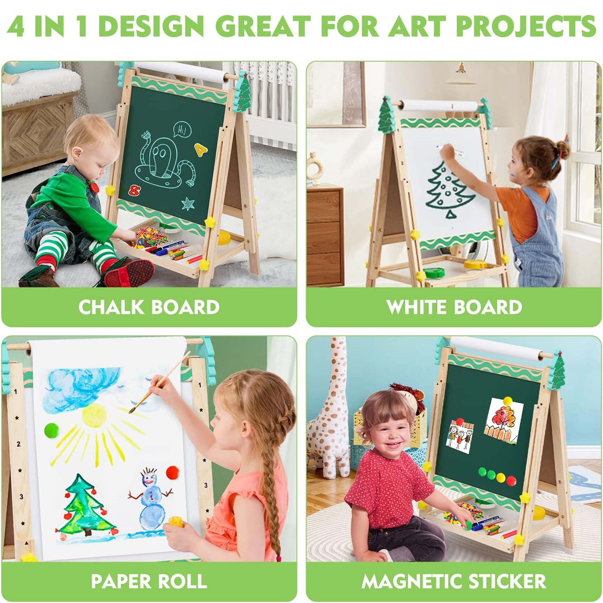 Ealing Kids Easel with Paper Roll Double-Sided Adjustable Standing Easel with Numbers &Other Accessories