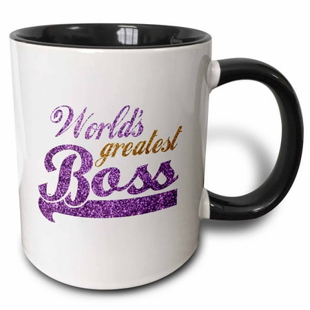 3dRose Worlds Greatest Boss - Best work boss ever - purple and gold text - faux sparkles matte glitter-look - Two Tone Black Mug,
