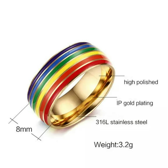 18K Gold Plated Stainless Steel Band Rainbow Jewelry Men/Women's Ring Size 7-12