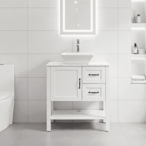 Goodyo 30" Bathroom Vanity and Sink Combo Marble Pattern Top w/Mirror Faucet&Drain, White