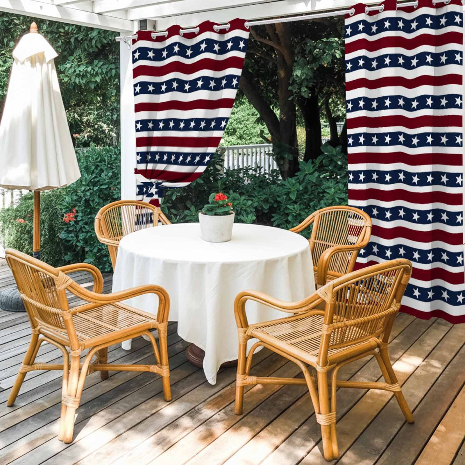Independence Day Outdoor Curtains for Patio, Watercolor U, S, Flag Themed White Five-Pointed Star Sunshade Privacy Drapes Grommet Waterproof Outside Curtains for Porch Balcony 54"x108", 1 Panel