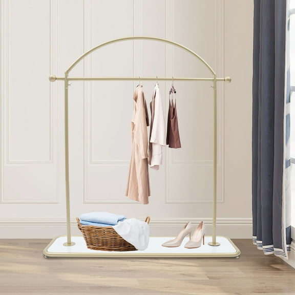 Garment Rack,48" Iron Gold Modern Garment Rack w/ Solid Wood Shelf Adjustable Shelf for Hotel
