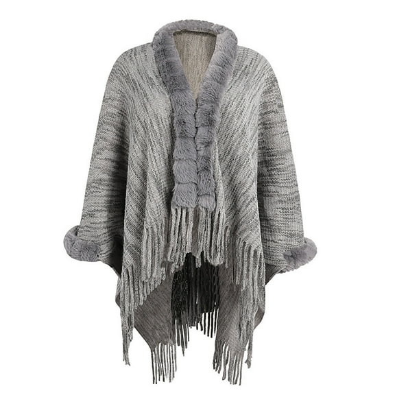 Tao Tao Ladies Knitted Loose Shawl Coat, Faux Fur Collar Open Front Cardigan Sweater Poncho Cape for Weddings Evening Dresses Gray Free Size