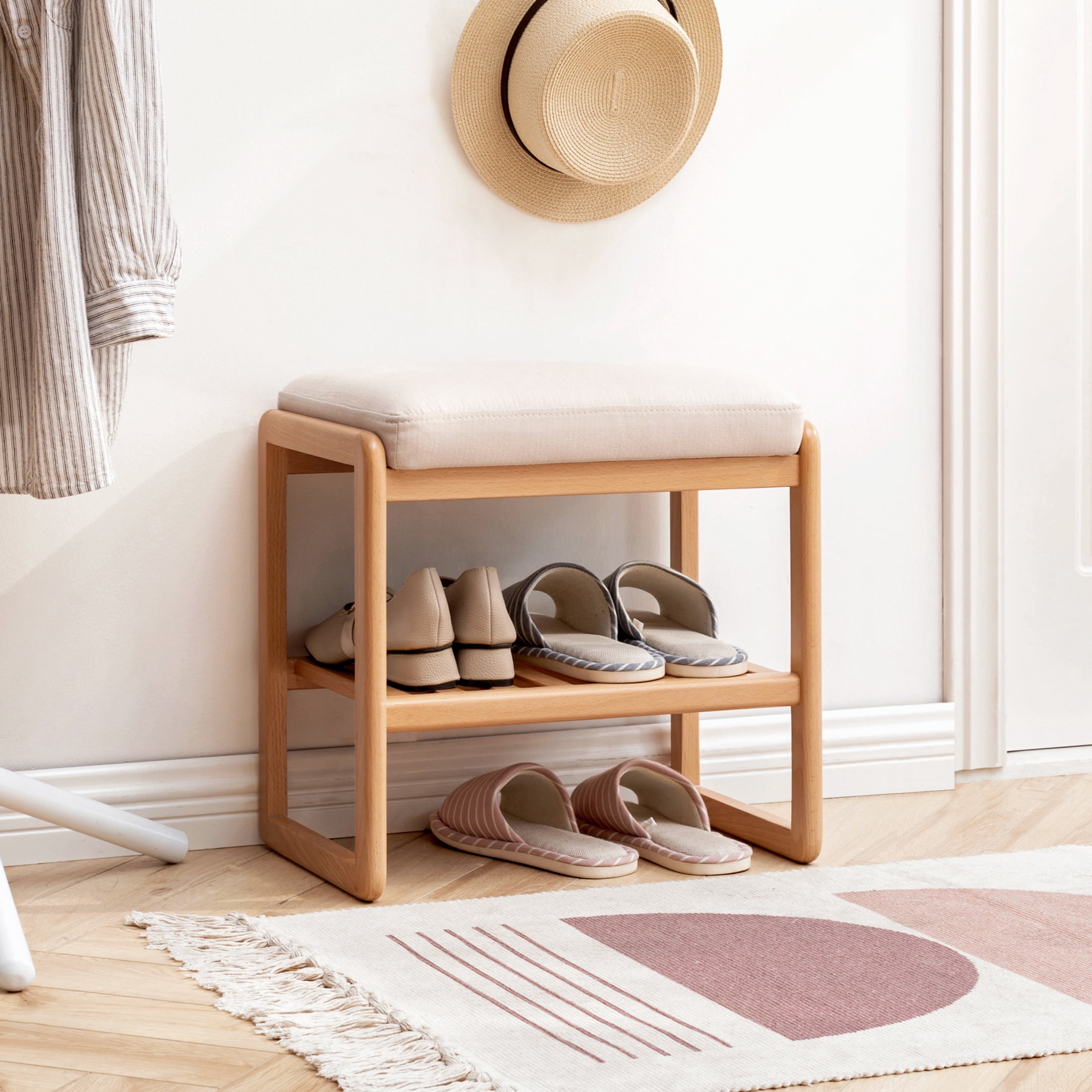 Natural Solid Wood Shoe Bench, Beech Wood Storage Rack Organizer with Upholstered High Rebound Cushion, Multifunctional Wooden Bench for Entryway or Bedroom, Natural