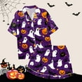 thumbnail image 4 of oqasdz Womens Halloween Pajamas Ghost Pumpkin Printed Silk Short Sleeve Button Down 2 Piece Loungewear Set Sleepwear, L, 4 of 7