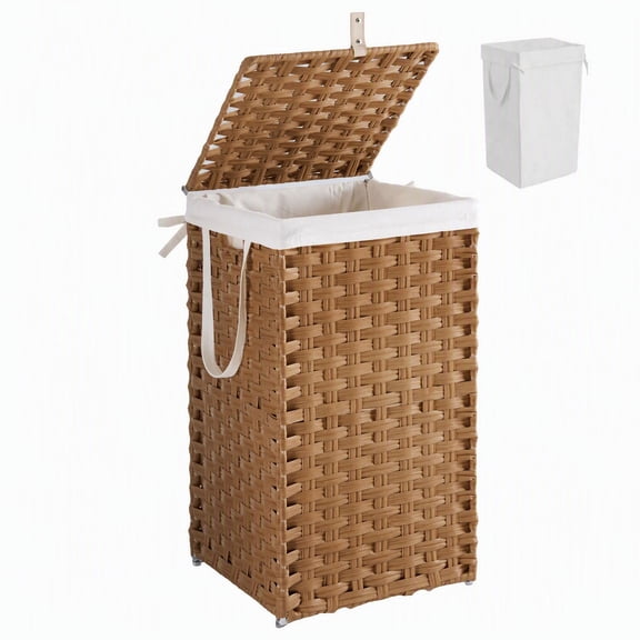 edx Laundry Basket with Lid, 65 L Hand-Woven PP Rattan Laundry Basket with Handle, Foldable, Removable Liner, Natural