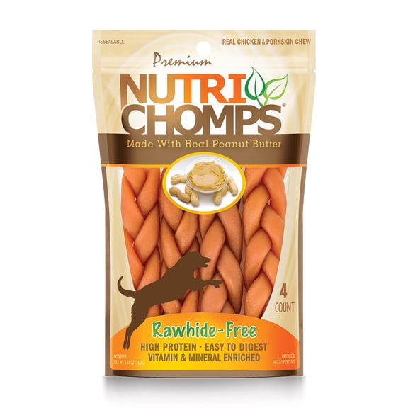Nutri Chomps Premium Rawhide-Free Braided Dog Treats, Peanut Butter Flavor, 6 Inch, 4 Count
