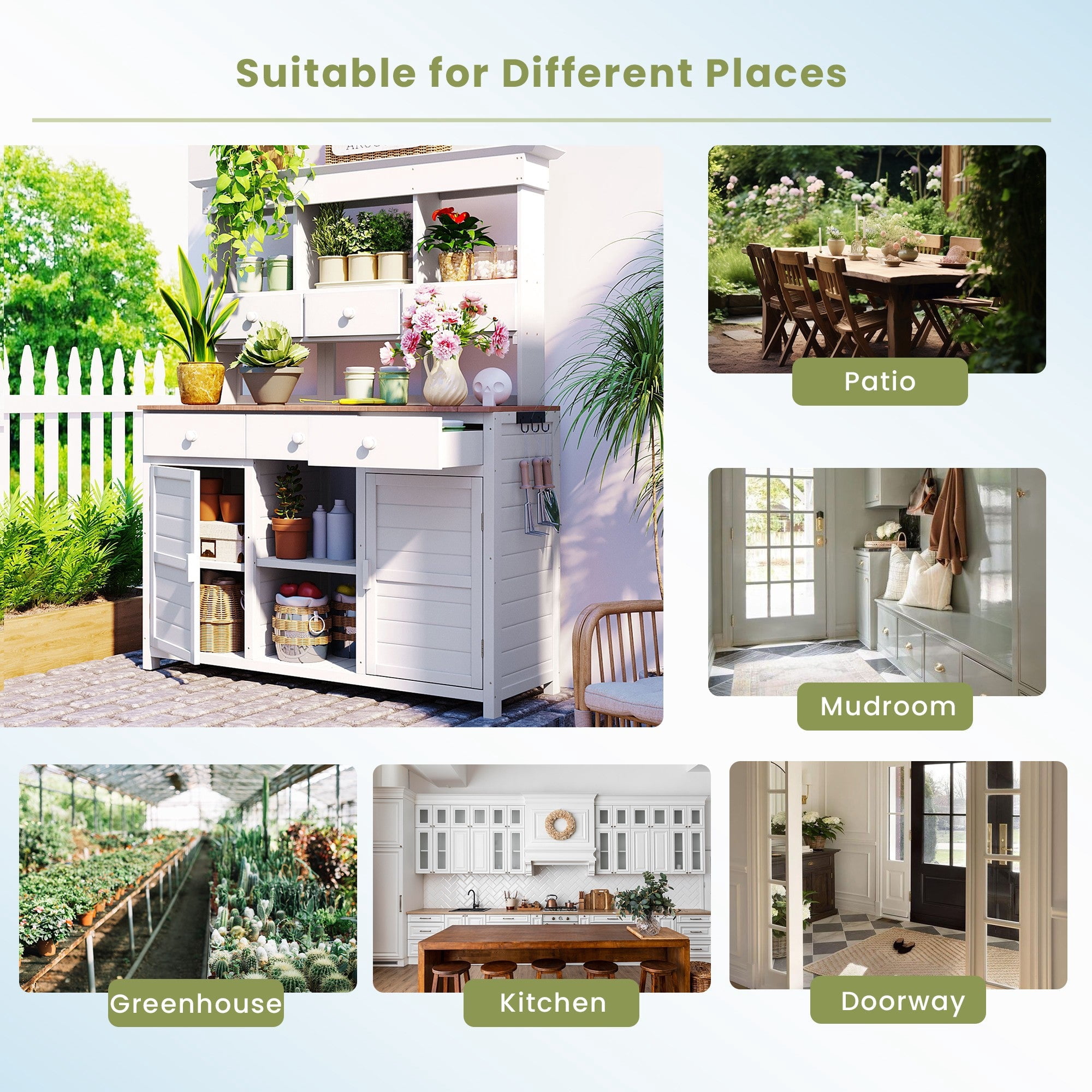 Sailvan 66" Wood Potting Bench Table with Hutch,Outdoor Kitchen Island Garden Workstation with 6 Drawers,2 Cabinets & Side Hooks White
