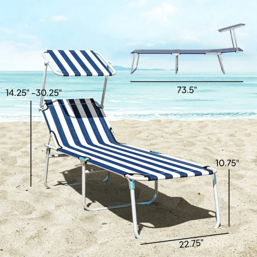 Outdoor Folding Chaise Lounge with Detachable Adjustable Awning, 4-Level Reclining Backrest, Blue & White Portable Pool Beach Lounger