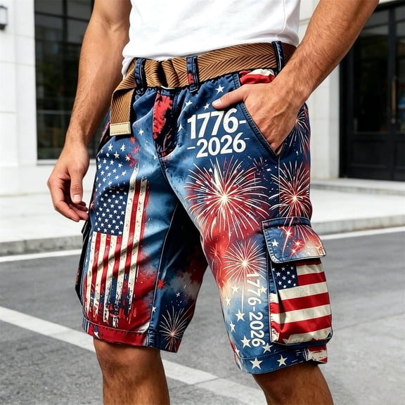 FASHOFT 250 Anniversary USA Cargo Shorts for Men American Flag Print 4th of July Patriotic Multi Pockets Casual Cargo Shorts Blue L