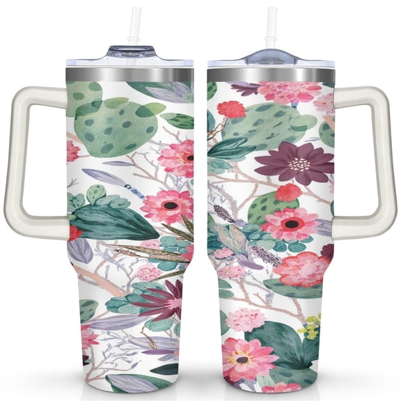 Cactus 40 Oz Tumbler with Handle Lid and Straw, Stainless Steel Double Walled Vacuum Insulated Cup, Cute Anniversary Wedding Birthday Gifts Tumbler for Women Men Friends Outdoor Indoor