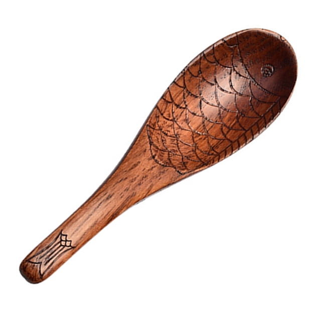 Flmtop Japanese Style Short Handle Hand Carved Heat-Resistant Wooden Spoon Small Fish-shaped Wooden Rice Spoon Kitchen Tools