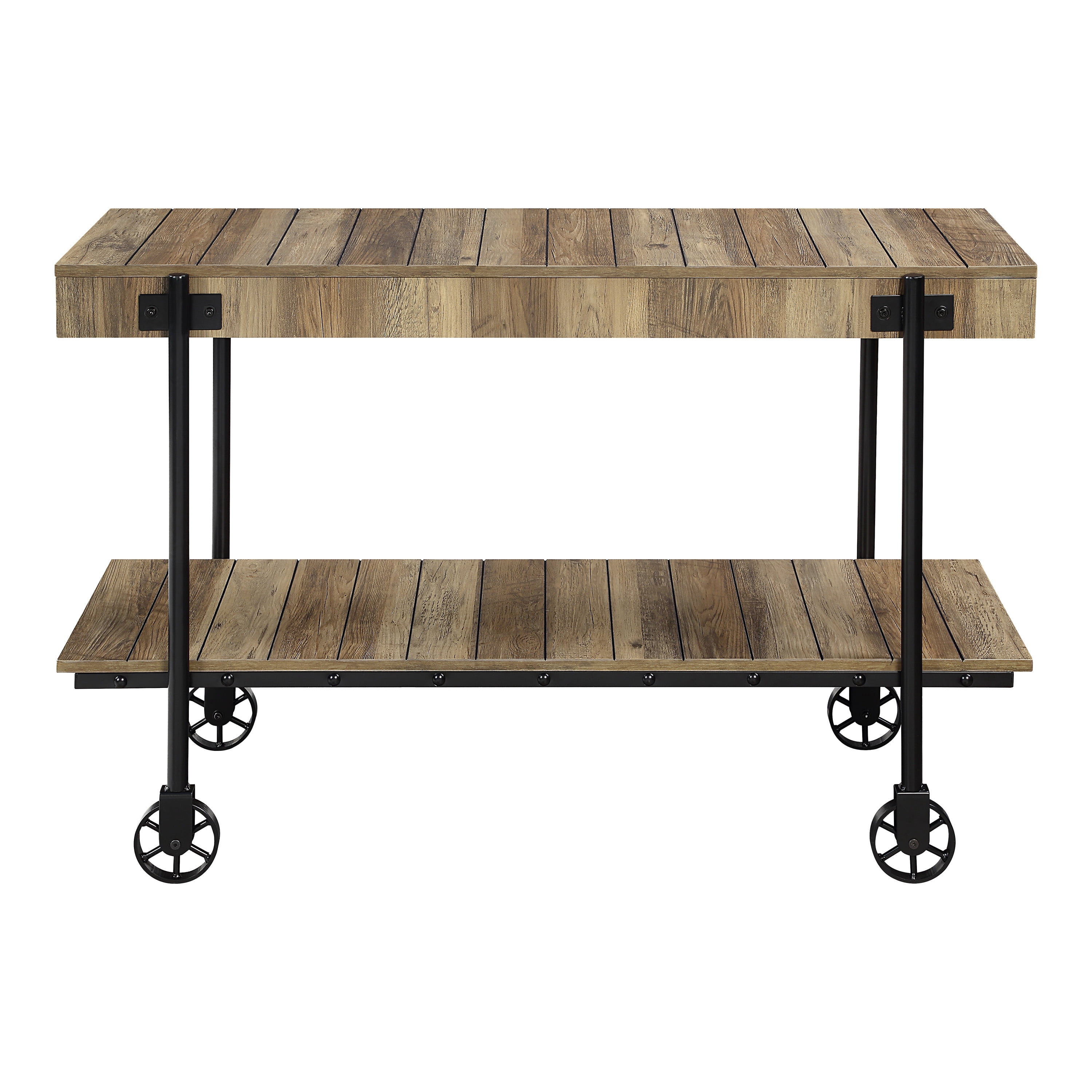Furniture of America Russe 1-Shelf Wood Rustic Oak Sofa Table with Wheels