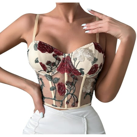

RYRJJ Womens Summer Lace Bustier Mesh Floral Embroidery Sexy Vintage Spaghetti Strap Corset Going Out Party Camisole Crop Top Beige M