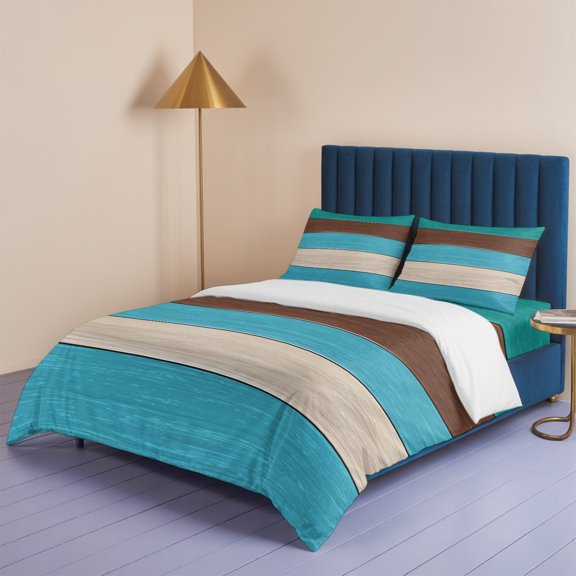 Vintage Teal Brown Wooden Barn Queen Size Bed Set,Farmhouse Wood Grain Bedding for All Seasons,4 Pcs Bed Set,1 Quiltcover (90"x90"),1 Sheet (90"x102"),2 Pillowcases (20"x30")