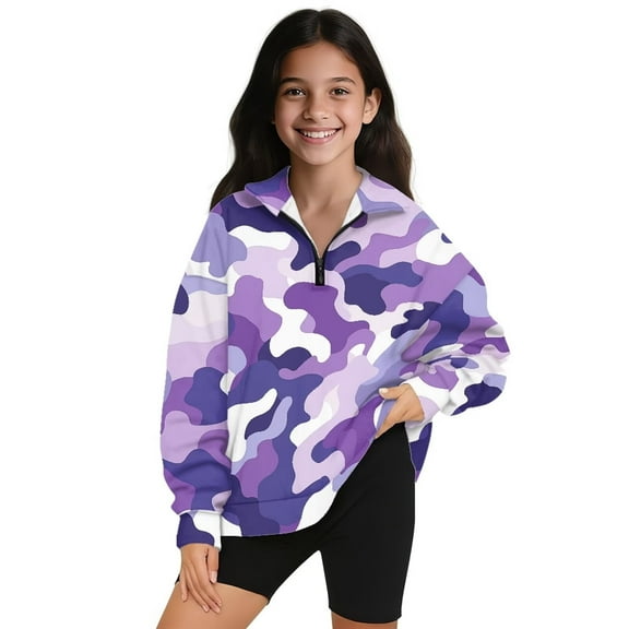 Uorisanigo Oversized Girls Half Zip Pullover Sweatshirt Kids Long Sleeve Workout Shirts Casual Essentials Purple Camouflage Print Quarter Zipper Hoodies for Fall Winter Spring