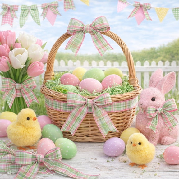 Gumesh Easter Bunny Ribbon，2.5 Inch Wide Satin Ribbon for Gift Wrapping & Bows - Spring Green Yellow Pink， 5 Yards， DIY Crafts， Party Decorations