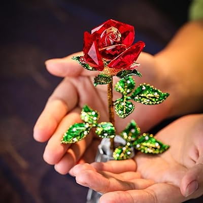 Crystal Rose Bouquet Decorative Figurine, Transparent Flower Ornament for Valentines Day, Romantic Wedding or Birthday Gift for Girlfriend or Friend, Home and Office Accent, HAODEJW