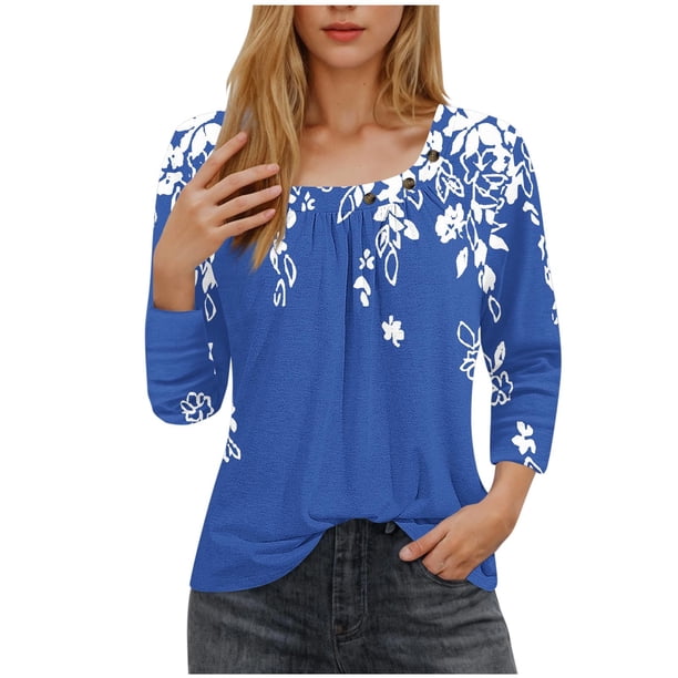 Blusas para las Mujeres Casual, 3/4 Manga Floral Estampado Camiseta de Moda Top Hecho de Poliéster Transpirable Suave para el Uso Diario de Primavera Otoño, Tops de Blusa para las Mujeres