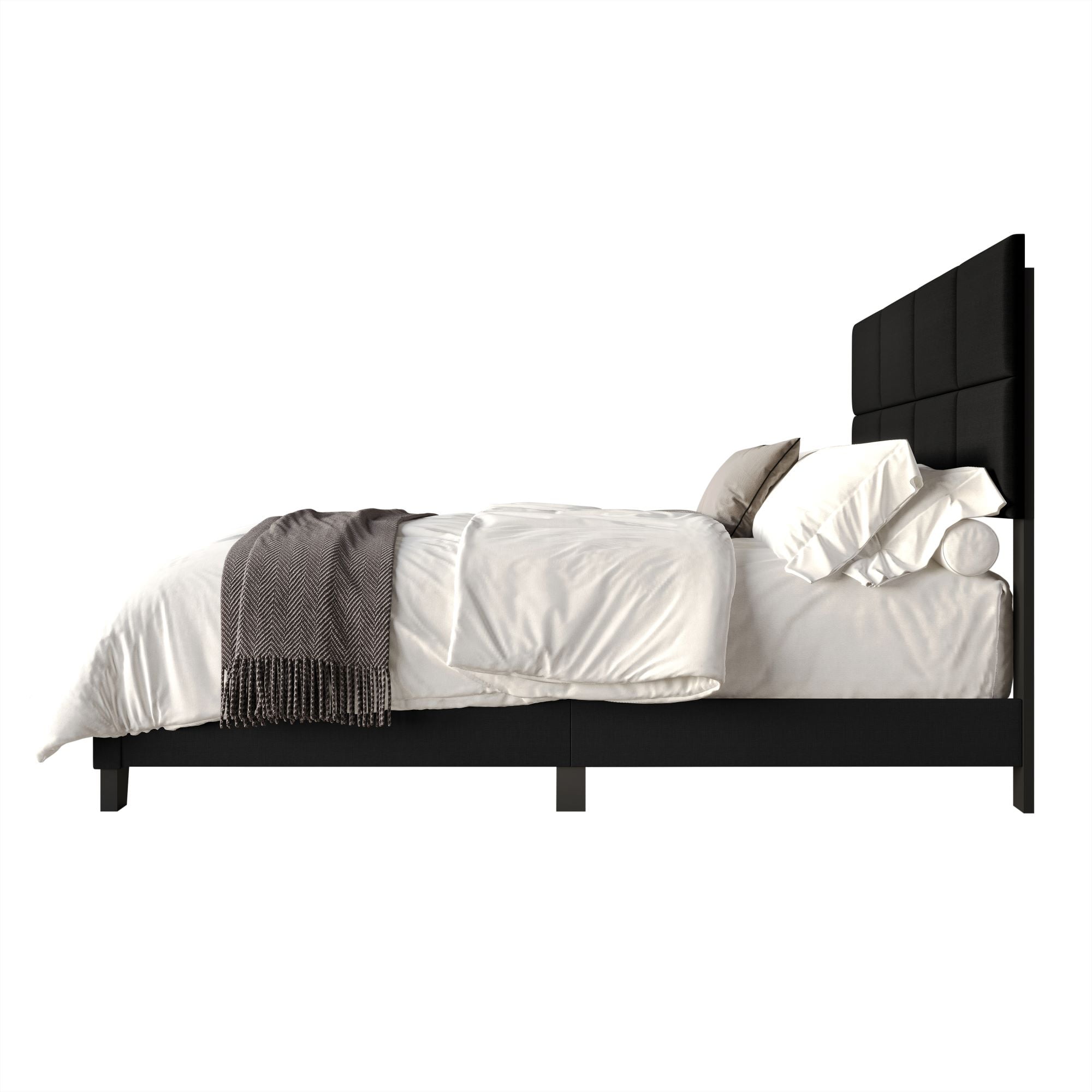 Home Design Lufkin King Upholstered Panel Bed Frame with Checkered Tufted Headboard & Foam-Filled Comfort, Black, Easy Assembly