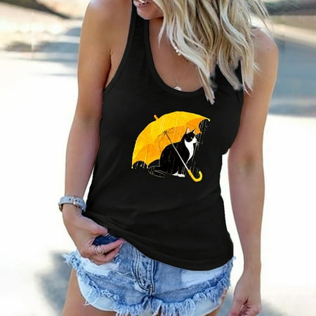 

FREE SHIPPING-camisole Women s Fashion Summer Sexy O Neck Casual Cat Printed Tank Sleeveless Tops nightgowns for women lingerie valentines day birthday gifts Black
