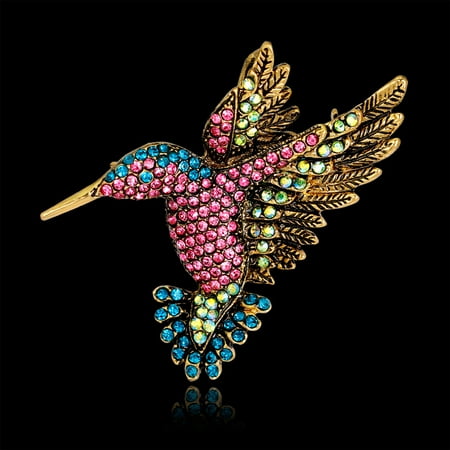 - Girl12Queen Women Vintage Rhinestone Multi-Color Hummingbirds Bouquet Jewelry Brooch Pin