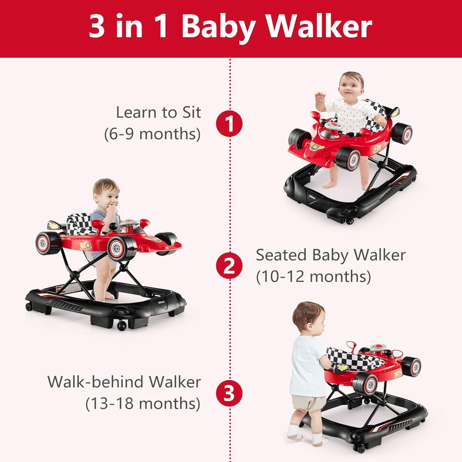 INFANS Foldable Baby Walker, Toddler Activity Center Leaning-Seated Walk-Behind with Steering Wheel, Adjustable Height, Lights, Music, Washable Seat Cushion (Red)
