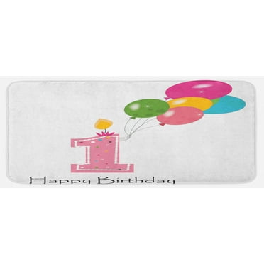 1st Birthday Kitchen Mat, Girl Party Candlestick with Colorful Balloons Print, Plush Decorative Kitchen Mat with Non Slip Backing, 47" X 19", Pale Pink White, by Ambesonne